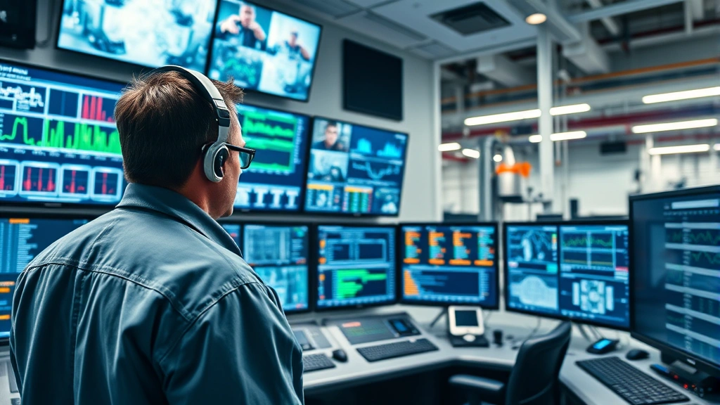 Engineer monitoring digital control panels in bright control room, advanced monitoring systems with screens displaying real-time data, professional industrial setting, no visible text on screens