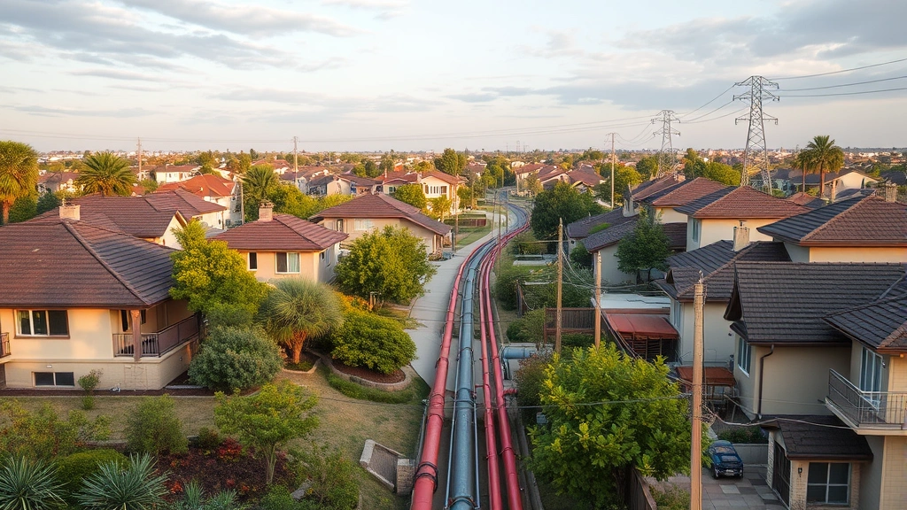 Residential neighborhood with natural gas distribution infrastructure, pipeline systems running through urban landscape, modern energy infrastructure integration, photorealistic city environment