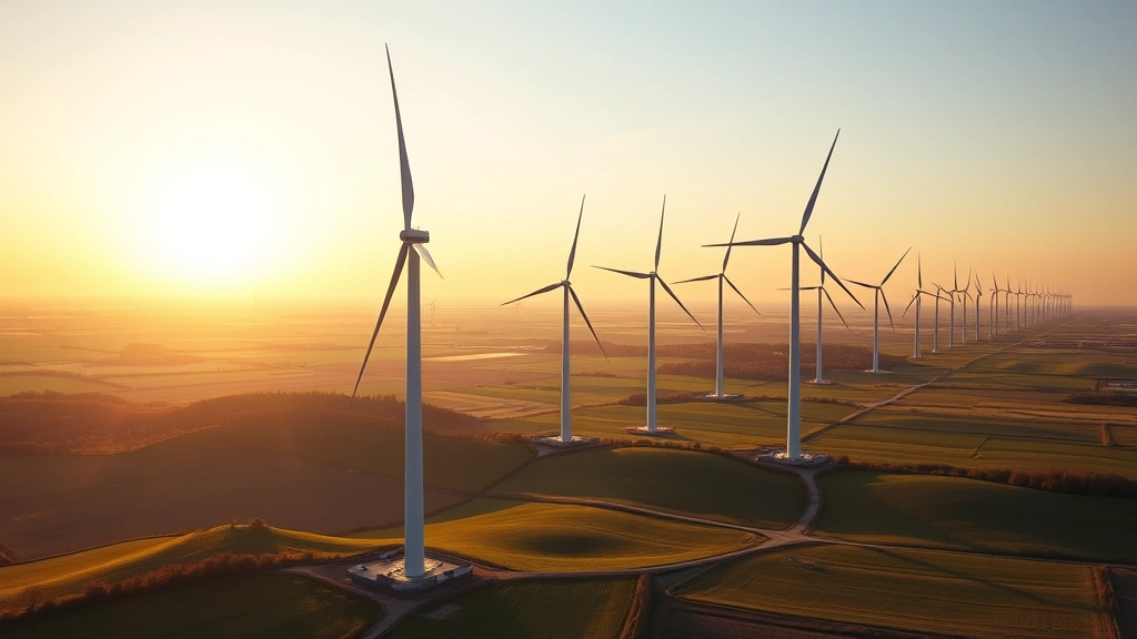 Modern wind turbines in vast rural landscape during golden hour, multiple turbines visible against clear sky, green rolling hills and agricultural fields, photorealistic professional photography, no text or labels