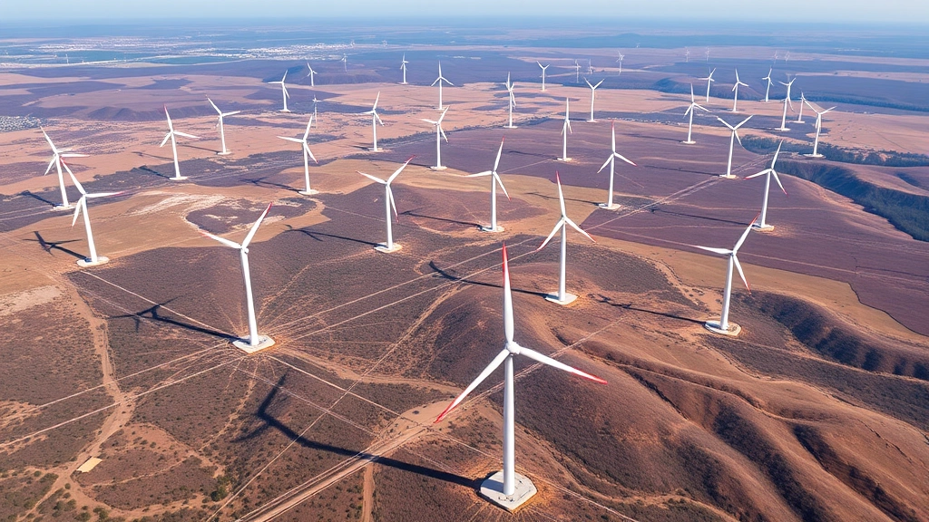 Aerial view of wind farm with dozens of turbines distributed across landscape, interconnected transmission lines visible, diverse terrain showing geographic distribution, clear weather conditions, photorealistic drone photography, no markings