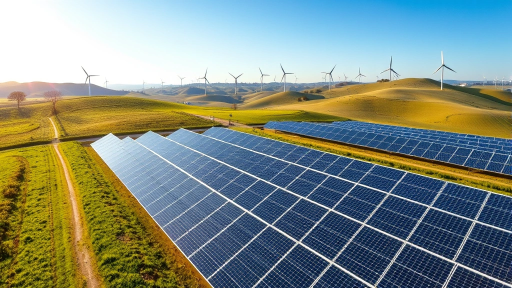Aerial view of solar panel farm with wind turbines in distance, green rolling hills, bright sunlight, renewable energy infrastructure landscape