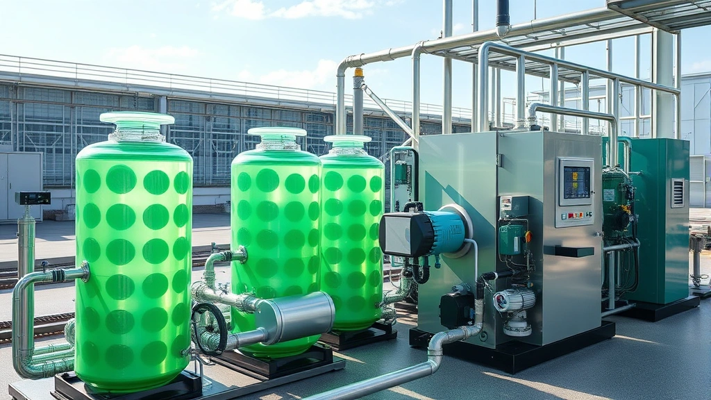 Green hydrogen production facility with electrolysis equipment, renewable energy integration, modern sustainable technology infrastructure in industrial setting