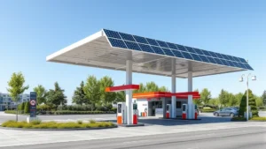 Modern gas station with solar panels on canopy and green landscaping, electric vehicle charging stations visible, sustainable infrastructure design, photorealistic daytime shot with clear skies