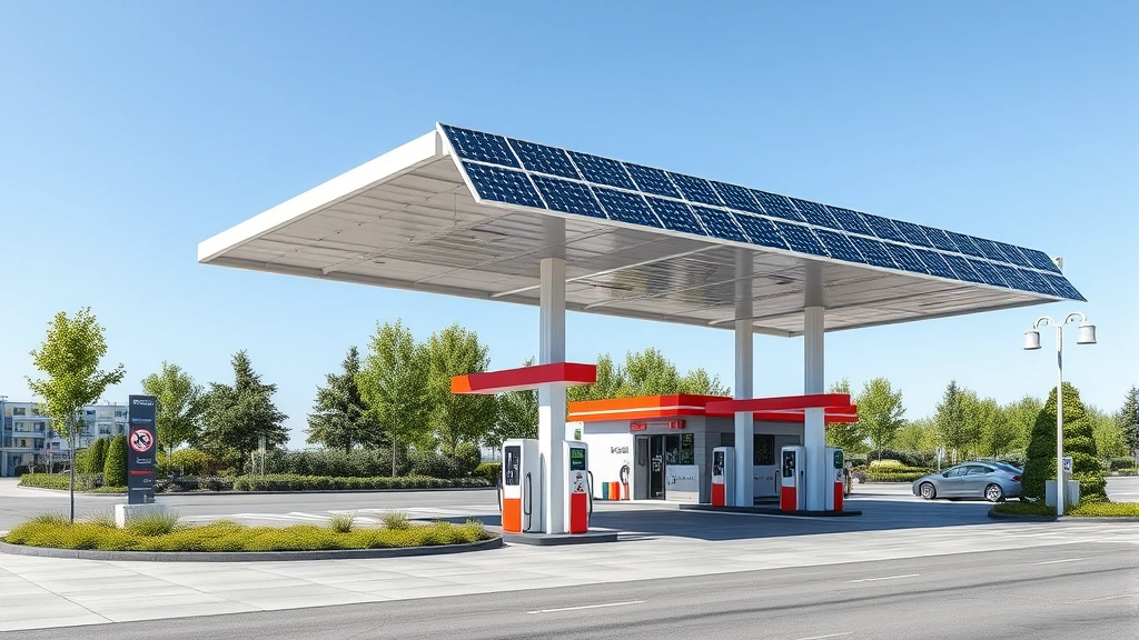 Modern gas station with solar panels on canopy and green landscaping, electric vehicle charging stations visible, sustainable infrastructure design, photorealistic daytime shot with clear skies