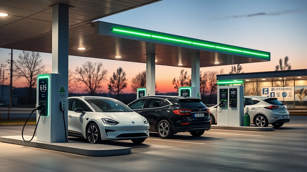 Charging stations integrated into gas station forecourt, modern minimalist design, electric vehicles charging, renewable energy indicators, sustainable transportation transition imagery