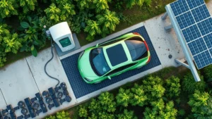 Overhead view of an electric vehicle charging at a solar-powered charging station surrounded by green vegetation and renewable energy panels, photorealistic modern design