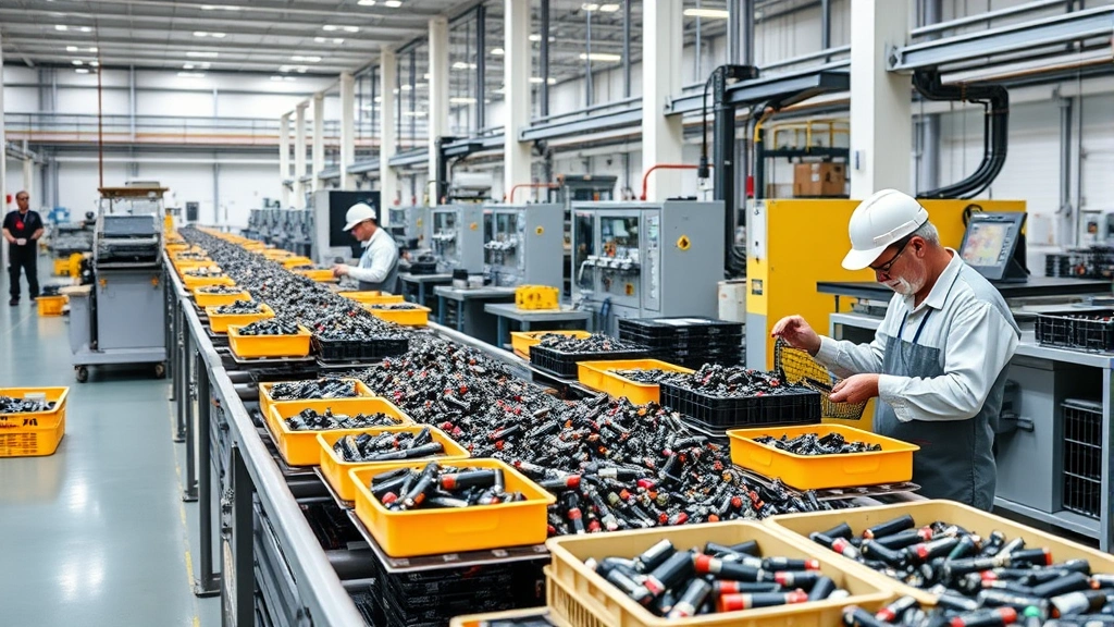 Industrial battery recycling facility with workers sorting and processing lithium-ion battery components at workstations, clean modern factory environment with recycling equipment