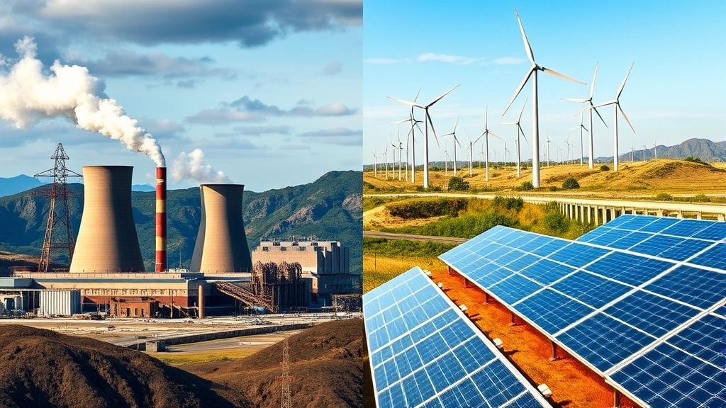 Comparison split-screen showing a coal power plant on left transitioning to renewable energy wind turbines and solar panels on right, representing grid decarbonization progress