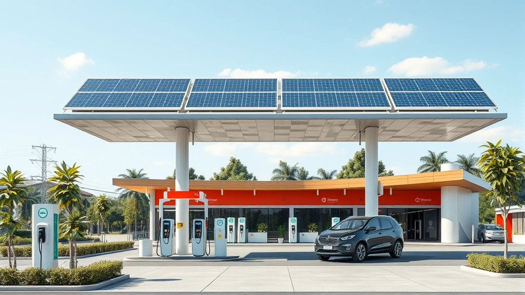 Modern eco-friendly gas station with solar panels on roof, electric vehicle charging stations in foreground, green landscaping, natural daylight, contemporary sustainable architecture design