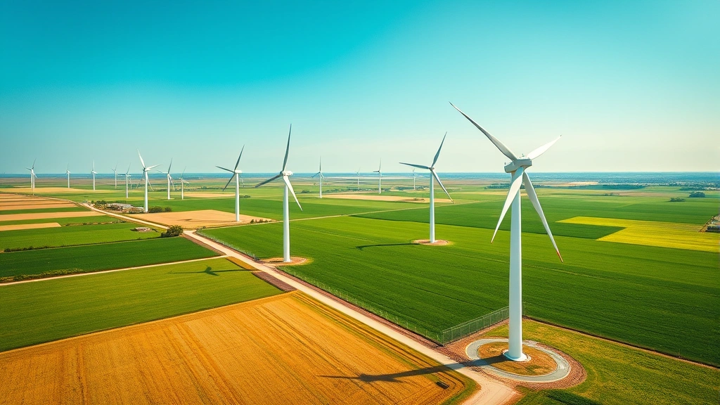 Aerial view of renewable energy wind farm with multiple white turbines in green landscape, clear blue sky, vast agricultural fields, clean energy infrastructure photorealistic