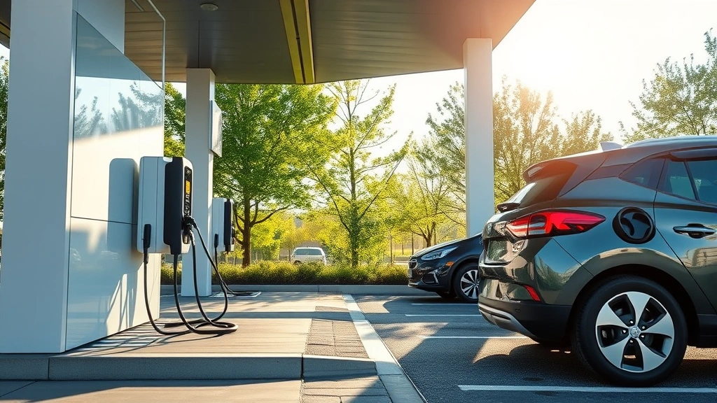 Electric vehicle charging at modern station with sleek minimalist design, morning sunlight, green trees visible, contemporary charging equipment, sustainable transportation hub aesthetic