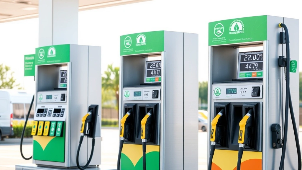 Photorealistic image of modern gas station pumps with green environmental certification badges displayed, showing diverse fuel grade options including ethanol-blended fuel signage, bright daylight, clean facility aesthetic, no visible text or branding logos