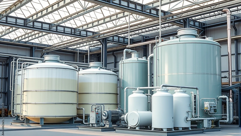 Photorealistic photograph of renewable fuel production facility with ethanol storage tanks and biodiesel processing equipment, industrial but clean environment, sustainable energy infrastructure, natural lighting, no identifying labels or text