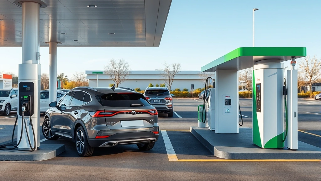 Photorealistic image of electric vehicle charging station and natural gas fueling station side-by-side at modern sustainable fueling hub, multiple vehicles using alternative fuels, contemporary infrastructure, daylight photography, no readable signage or text