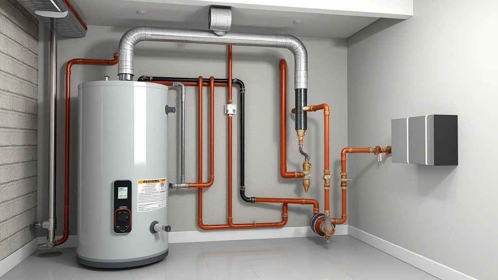 Photorealistic modern gas water heater installed in clean basement utility room with proper venting pipes and safety valve connections, showing professional installation setup