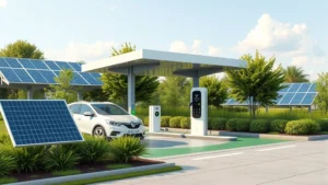 Photorealistic image of a modern electric vehicle charging station surrounded by green landscaping and renewable energy solar panels, showing sustainable transportation infrastructure with natural lighting and eco-friendly environment, no text or labels