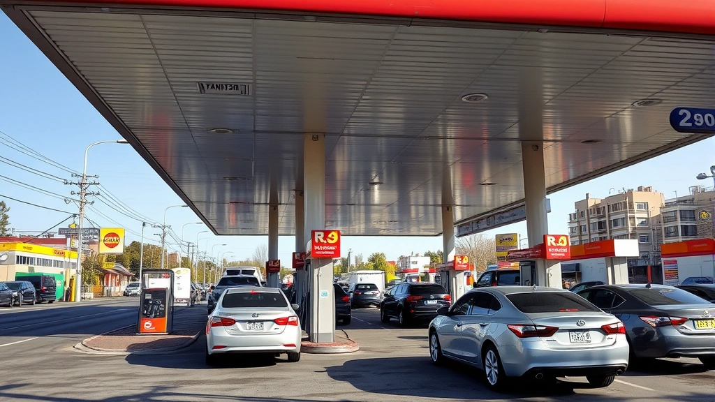 Photorealistic wide-angle view of a busy multi-pump gas station with various vehicles refueling during daytime, showing typical fuel retail environment with clear skies and urban surroundings, no signage or text visible