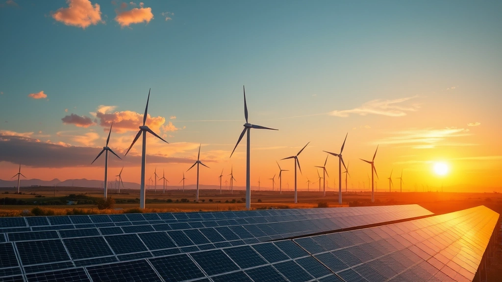 Photorealistic image of wind turbines and solar panels in a vast renewable energy field during golden hour, demonstrating clean energy alternatives to fossil fuels with natural landscape and sustainable technology infrastructure, no text overlay