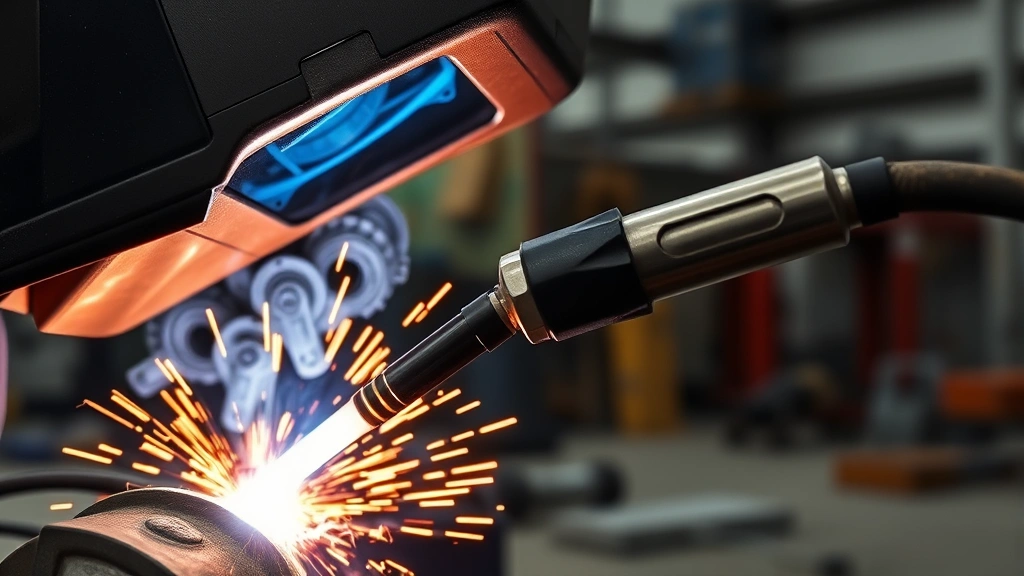 Professional welding operation with argon gas protection, showing molten metal and bright welding arc in industrial workshop setting, close-up of welding torch with protective atmosphere, clean metal fabrication environment