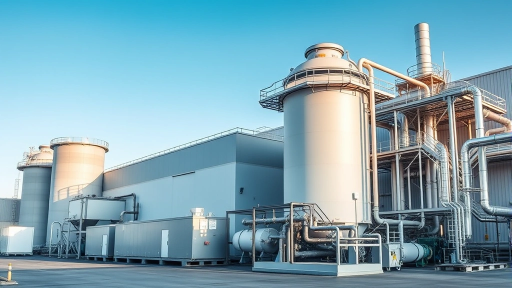 Modern industrial air separation facility with large cryogenic equipment, cooling towers, and piping systems, showing advanced technology for argon extraction, modern manufacturing plant exterior during daytime with clear sky