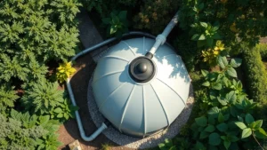 Overhead view of a residential biogas digester system installed in a garden setting with lush green plants surrounding it, showing the dome structure with gas outlet pipes, natural sunlight filtering through trees, photorealistic, no text or labels visible