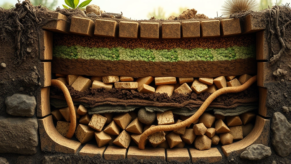 Close-up cross-section diagram visualization showing layers of organic waste materials decomposing inside an underground digester chamber with microbial activity, earth tones and natural lighting, photorealistic rendering, no text overlays
