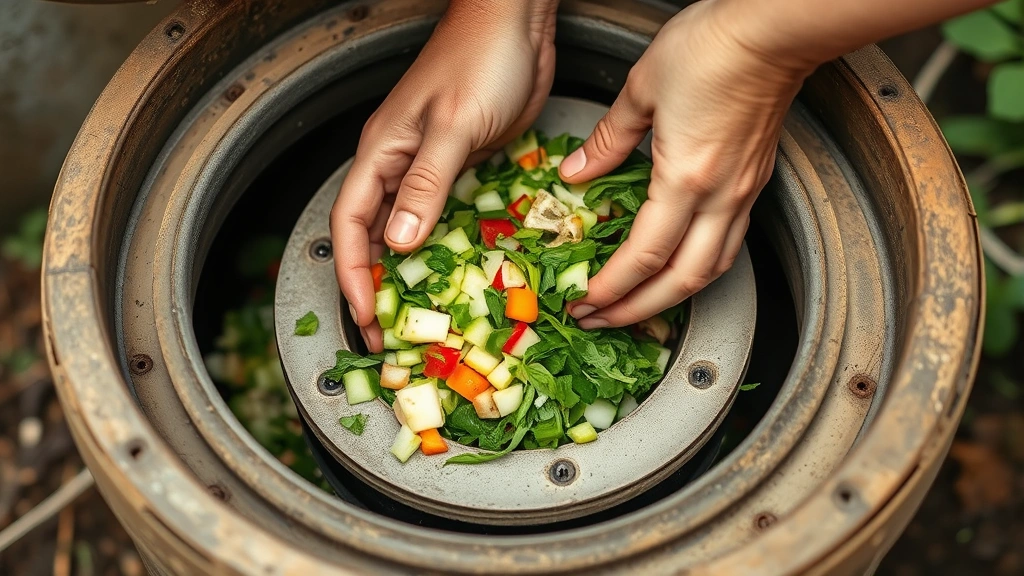 Hands carefully adding chopped vegetable scraps and garden waste into a home biogas digester inlet, showing proper feedstock preparation with green organic materials, natural daylight, sustainable living action shot, photorealistic, no packaging visible