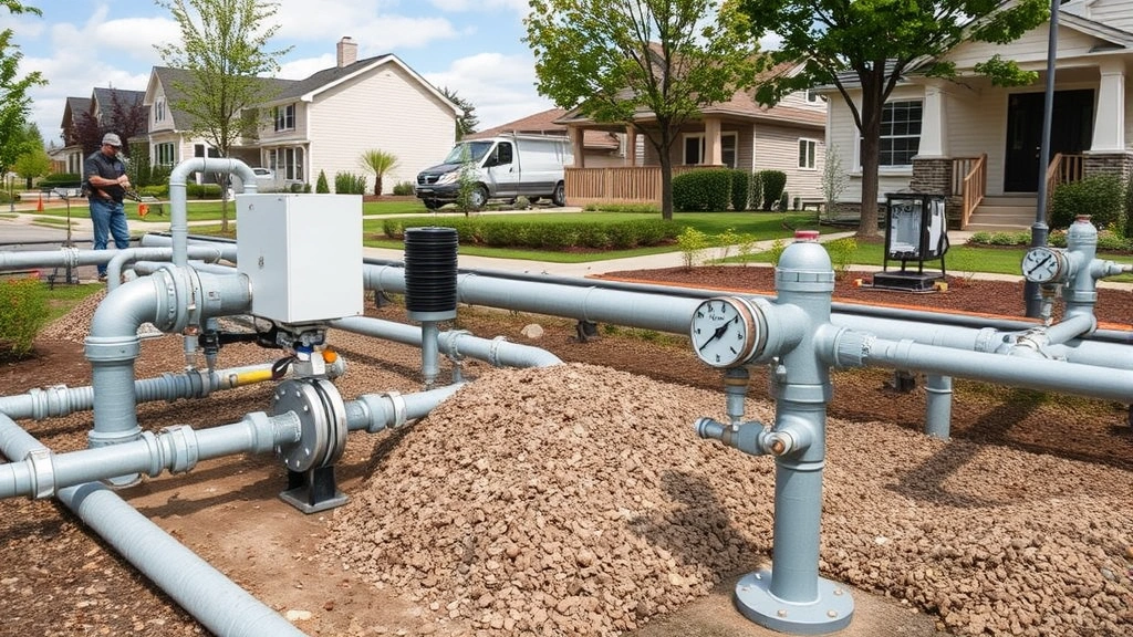 Modern natural gas distribution infrastructure with underground pipelines and pressure regulators in a suburban residential neighborhood, showing professional technicians performing maintenance on infrastructure components
