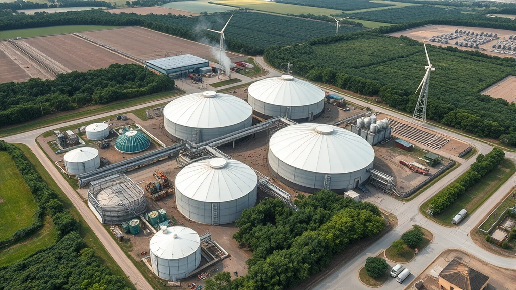 Aerial view of a large renewable natural gas facility with biogas digesters converting organic waste into clean energy, featuring green vegetation and sustainable waste management systems