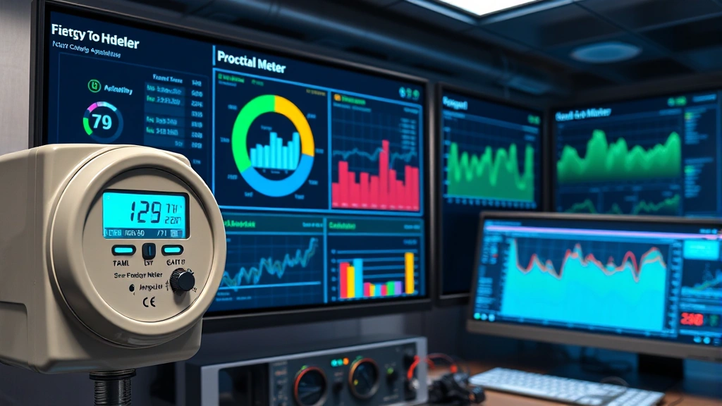 Smart meter technology and digital monitoring dashboard displaying real-time energy consumption data and system performance metrics in a modern utility control center environment