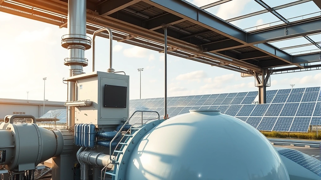 Modern atmospheric gas capture facility with large industrial equipment capturing air, renewable energy solar panels visible in background, clean technology aesthetic, daytime lighting
