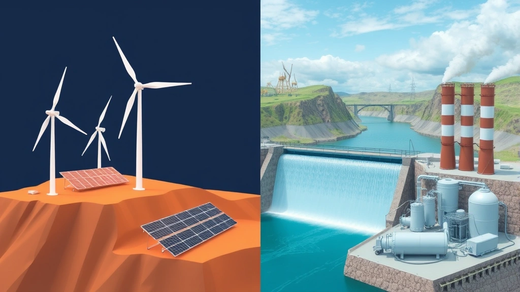 Side-by-side comparison visualization showing renewable energy sources including wind turbines, solar panels, and hydroelectric dam versus industrial atmospheric processing equipment