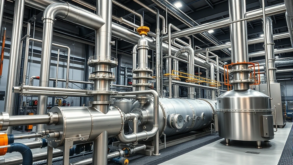 Industrial catalytic reactor facility with pipes and processing equipment, showing energy-intensive production processes, technical infrastructure, industrial scale operation