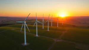 Aerial view of modern wind turbines spinning in a vast green field during golden sunset, clean energy landscape with rolling hills and clear sky, photorealistic environmental sustainability imagery