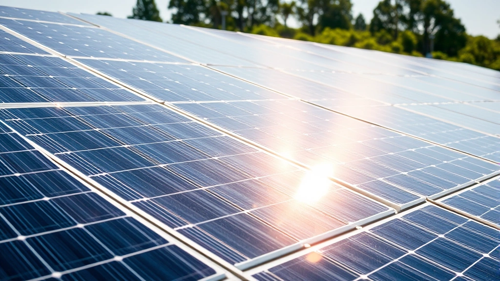 Close-up of solar panel array gleaming under bright sunlight with green vegetation visible between installations, renewable energy technology in natural setting, high-resolution sustainable power generation