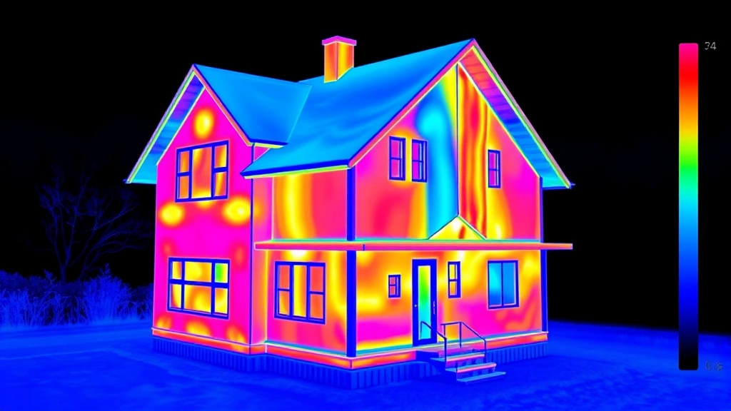 Thermal imaging of a house showing heat distribution patterns, energy efficiency visualization with blue and red color zones indicating insulation quality, sustainability and home energy conservation concept