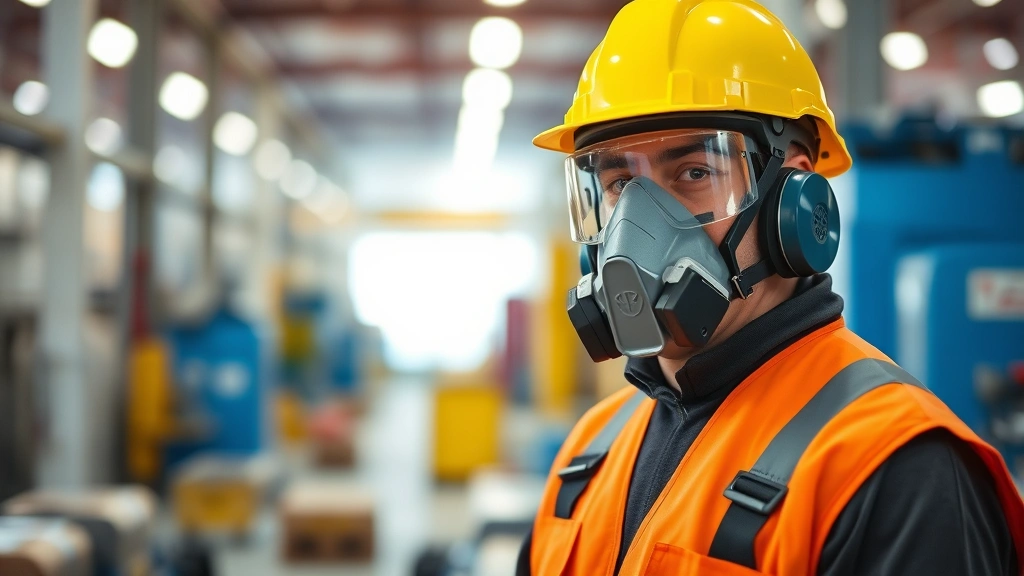 Industrial worker in safety equipment using respiratory protection during hazardous material handling, factory or contamination cleanup setting, professional photography, no identifying marks