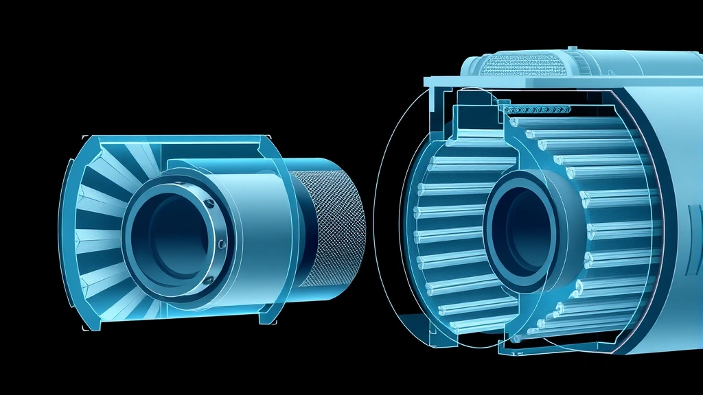 Cross-section technical illustration style showing internal filter cartridge media layers and protective mechanisms, clean industrial aesthetic, educational focus, no text overlays