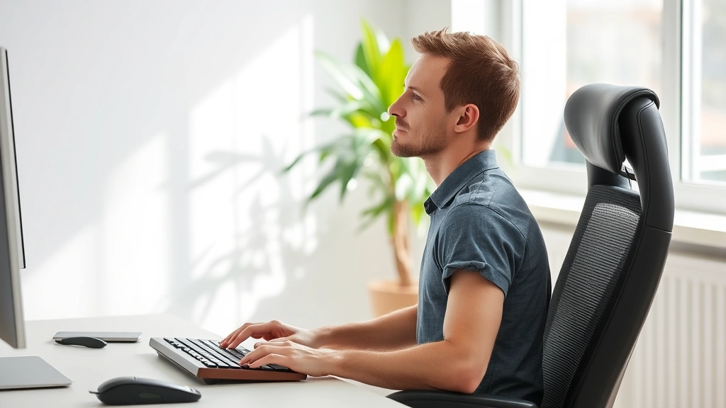 Person sitting with good posture at desk, neutral spine alignment, natural office lighting, hands on keyboard, peaceful expression, green plant visible in background