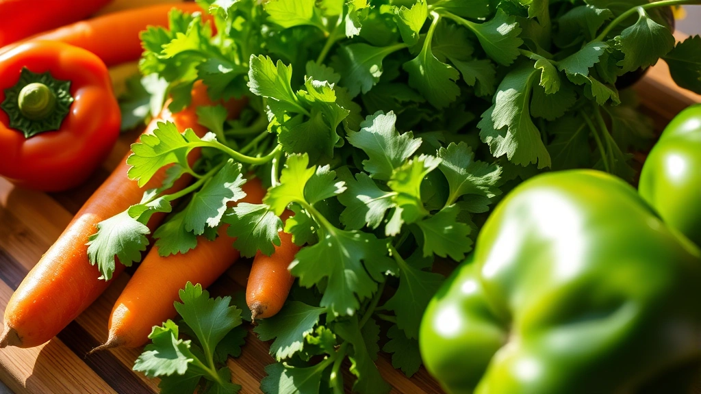 Close-up of colorful vegetables on wooden cutting board including leafy greens, carrots, bell peppers, natural sunlight streaming across surface, fresh and vibrant