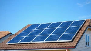 Solar panels installed on residential rooftop with blue sky background, photorealistic clean energy installation suburban home setting no text visible