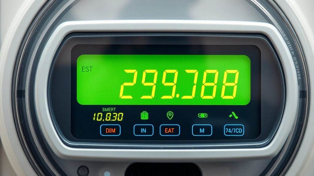 Modern smart meter display showing real-time electricity consumption data with digital interface, close-up professional utility technology photograph no labels