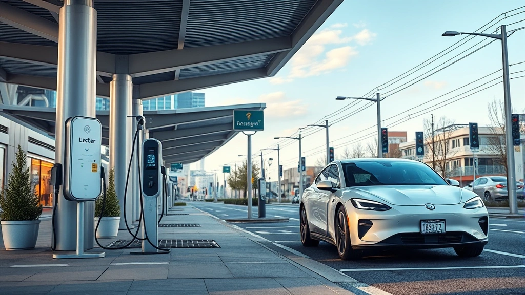 Electric vehicle charging at public charging station with modern infrastructure, urban environment daytime photorealistic sustainable transportation setup