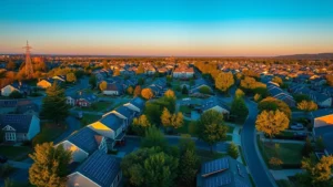 Aerial view of modern residential neighborhood with solar panels on rooftops, green spaces, and tree-lined streets in suburban Maryland setting at golden hour with clear blue sky
