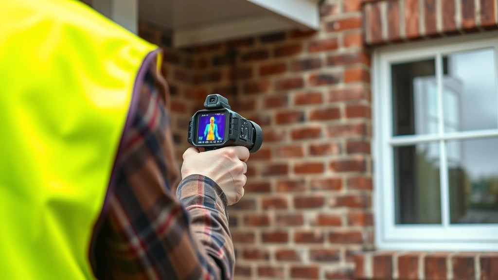 Wide shot of professional energy auditor using thermal imaging camera to inspect home exterior insulation, wearing safety vest, examining brick wall near window during daytime