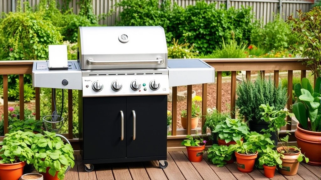Modern stainless steel gas grill on a wooden patio surrounded by potted herbs and vegetables, natural daylight, clean and well-maintained, garden setting in background