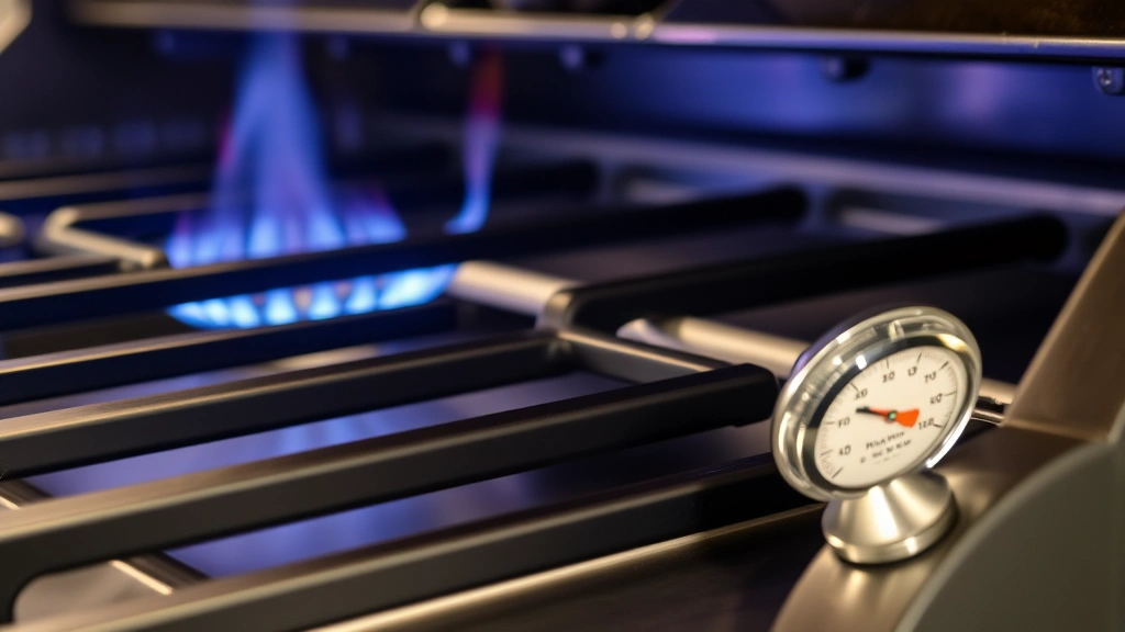 Close-up of gas grill burners glowing with blue flame, thermometer showing temperature, professional cooking environment, detailed mechanical components visible