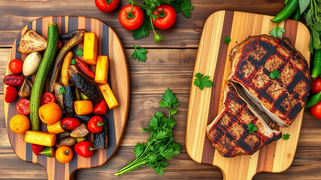 Overhead view of grilled vegetables and locally-sourced meat on wooden serving boards, fresh herbs scattered around, farmers market produce, rustic outdoor dining setup
