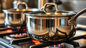 Close-up of stainless steel cookware set on gas stove with flames, showing reflective surfaces and multi-ply construction details, warm kitchen lighting