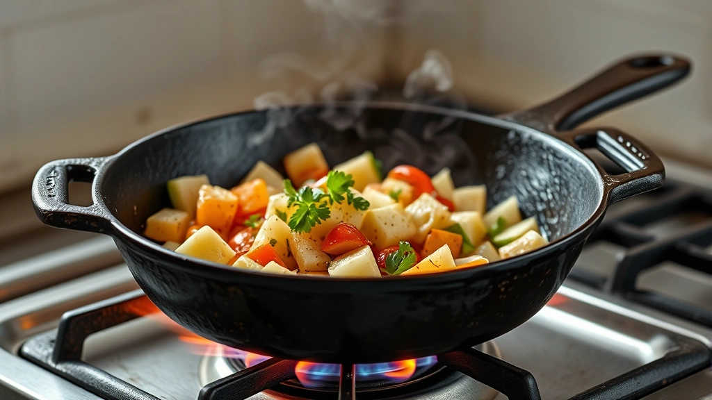 Vintage cast iron skillet cooking vegetables on gas burner with open flame, showing seasoned dark surface and natural patina, steam rising from food